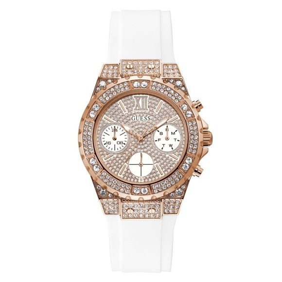 New GUESS Rose Gold-Tone and White Chrono-Look Watch - Picture 1 of 7